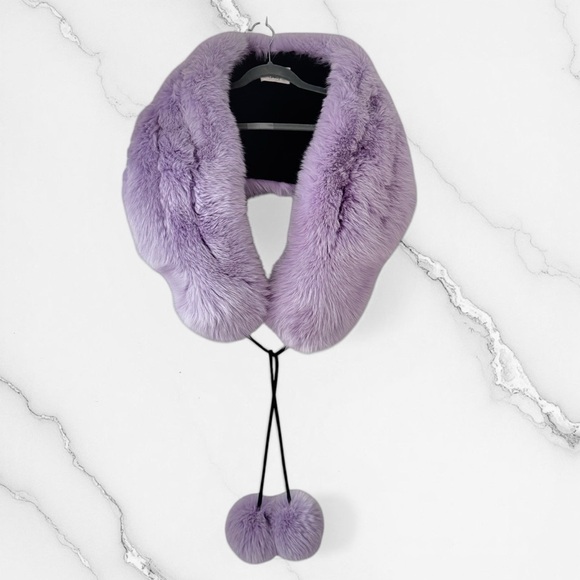 Gaucho Accessories - Gaucho Lavender Blue Fox Fur Wrap Scarf with Pom Pom Ties & Velvet Lining NWT
